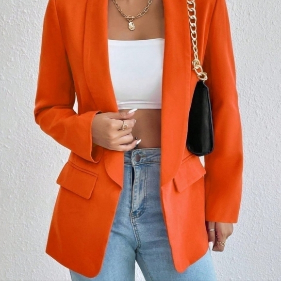 Orange Preppy Womens Solid Shawl Collar Blazer - Picture 3 of 5
